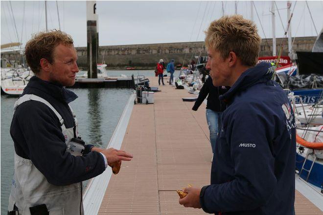 Artemis Offshore Academy sailors Robin Elsey (Artemis 43) and Will Harris (Artemis 77) chat after the 2016 Solo Normandie race © Artemis Offshore Academy