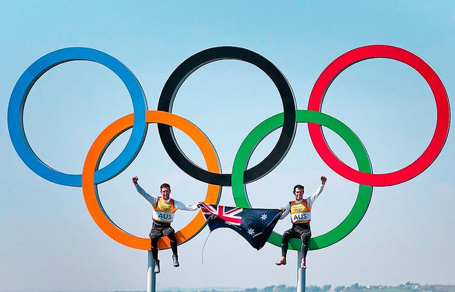 Celebrating their Gold Medal win, Malcolm Page and Mat Belcher. &copy;  Victor Kovalenko