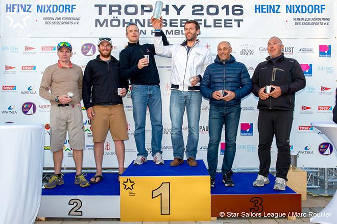 The Heinz Nixdorf Trophy Ceremony. Winner Mateusz Kuznierewiczand Dominik Zycki. 2. Eivind Mellebyand Joshua Revkin. 3.  Diego Negriand Sergio Lambertenghi -  2016 SSL City Grand Slam ©  Marc Rouiller / Star Sailors League