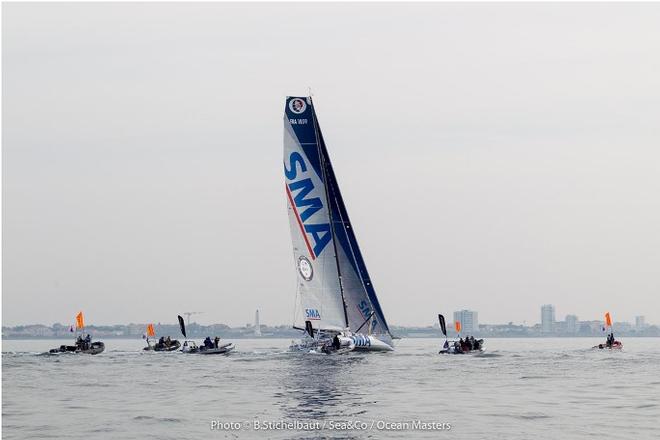 Paul Meilhat (SMA) crossed the finish line off Les Sables - 2016 New York–Vendée Transatlantic Race © Benoit Stichelbaut / Sea&Co