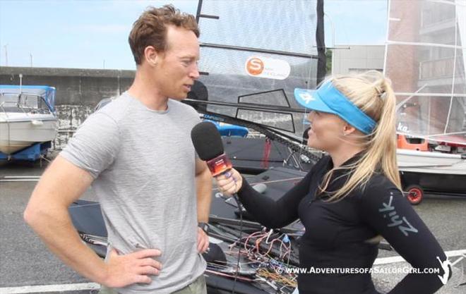 Nic Douglass talks to Paul Goodison on day 3 - 2016 YANMAR Moth World Championships © Nic Douglass / www.AdventuresofaSailorGirl.com