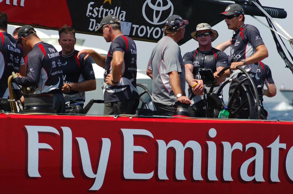 Emirates Team New Zealand, NZL82 crew after their 17 second victory over BMW Oracle Racing, USA76 takes them to second overall in the regatta. Day 6. Louis Vuitton Act 4. Valencia, Spain. 21/6/2005 © Chris Cameron www.chriscameron.co.nz