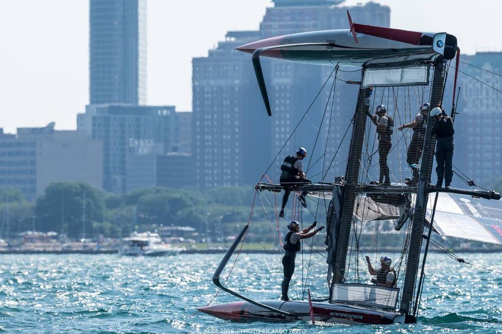 Oracle Team USA capsizes to windward of Artemis Racing - Louis Vuitton America's Cup World Series Chicago - Practice Day © Americas Cup Media www.americascup.com