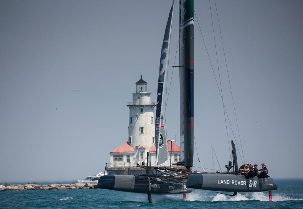 The LandRover BAR sailing team skippered by Ben Ainslie, shown here in action during the practise days racing onboard their  AC45F foiling catamaran 