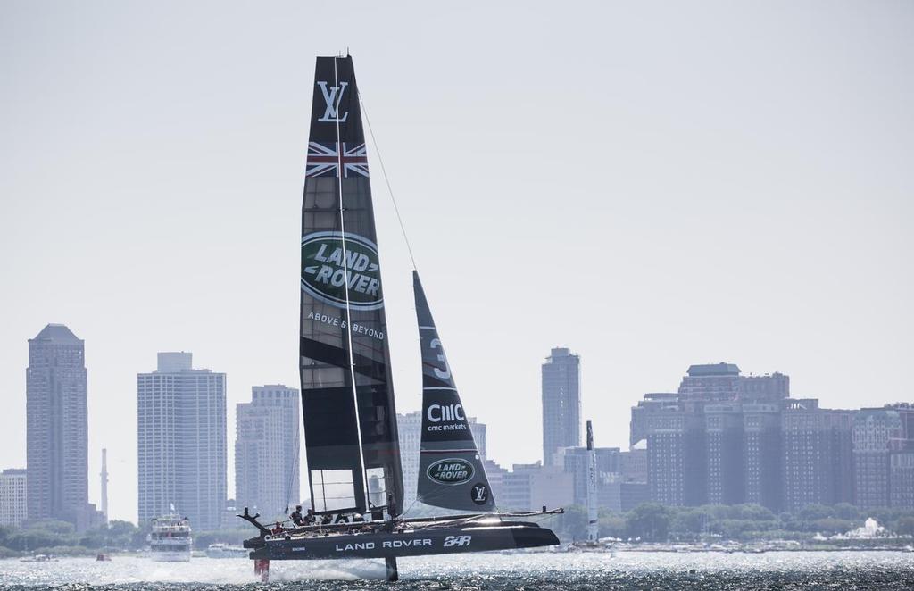 The LandRover BAR sailing team skippered by Ben Ainslie, shown here in action during the practise days racing onboard their  AC45F foiling catamaran 