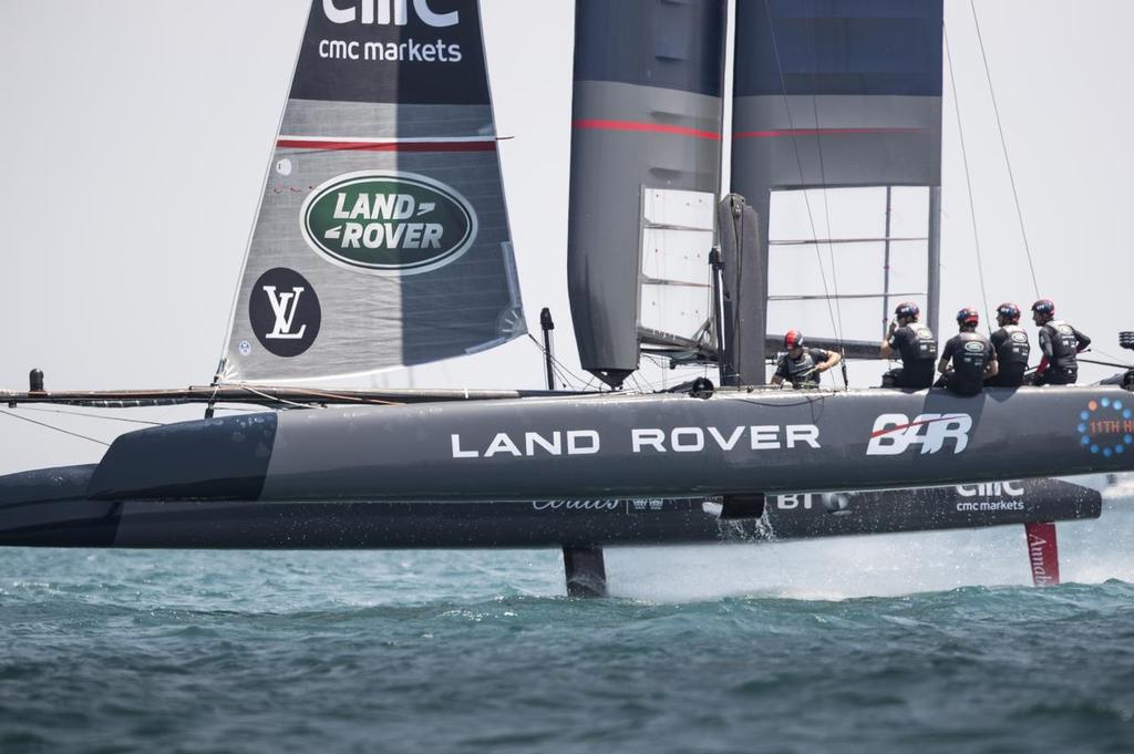 The LandRover BAR sailing team skippered by Ben Ainslie, shown here in action during the practise days racing onboard their  AC45F foiling catamaran 