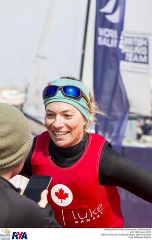 Nacra 17 sailor Nikola Girke of Canada in the mixed zone - Sailing World Cup Weymouth and Portland photo copyright  Marina Garcia / Sailing Energy / World Sailing taken at  and featuring the  class