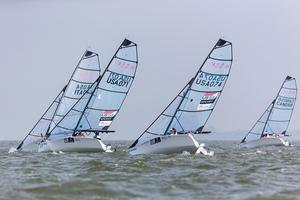 Porteous and McKinnon (USA 71) leading Everhart-Skeels and Walker (USA 74) on Saturday in the SKUD-18. photo copyright Jasper van Staveren / Delta Lloyd Regatta taken at  and featuring the  class