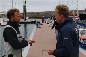 Artemis Offshore Academy sailors Robin Elsey (Artemis 43) and Will Harris (Artemis 77) chat after the 2016 Solo Normandie race photo copyright Artemis Offshore Academy taken at  and featuring the  class