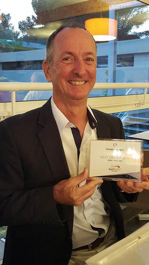 Multihull Solutions Asia General Manager Andrew de Bruin with the Fountaine Pajot Motor Yachts Dealer of the Year (Asia Pacific) award photo copyright Kate Elkington taken at  and featuring the  class