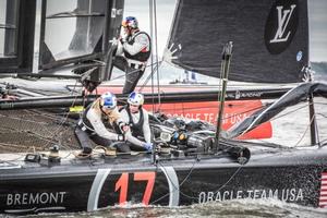Lindsey Vonn hard at work with Oracle Team USA - 2016 America's Cup World Series photo copyright Sam Greenfield/Ricardo Pinto/Red Bull Content Pool taken at  and featuring the  class