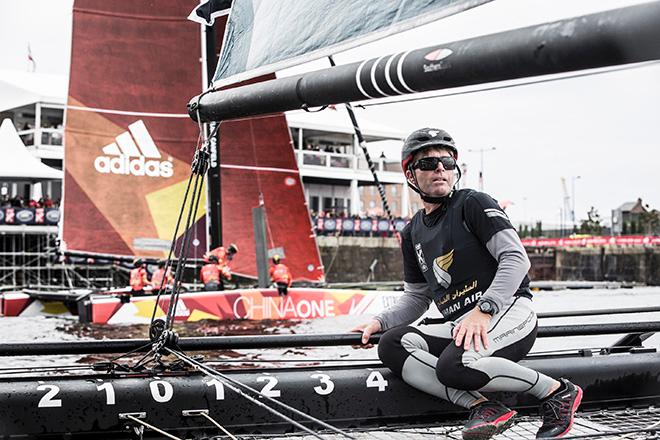 Oman Air sail alongside China One on Cardiff Bay. The American skipper helmed the team to Act victory, despite recording their worst result of the regatta in the final race of the day when they finished last in the seven-boat fleet. © Lloyd Images