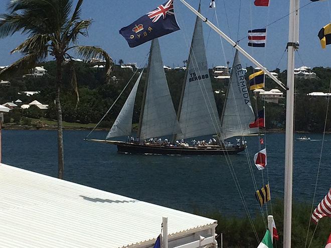 The 3-masted schooner SPIRIT OF BERMUDA sailing past the Royal Bermuda YC today after beating her rival AMERICA to Bermuda by 4 hours © Barry Pickthall / PPL