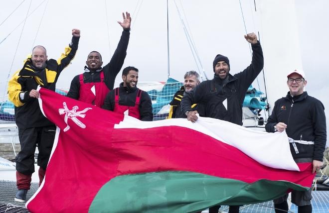 Musandam-Oman Sail set a new record for the fastest-ever sail round Ireland when the team crossed the finish line at Wicklow in 38 hours, 37 minutes and 7 seconds. Skippered by Sidney Gavignet (FRA) with team mates Damian Foxall (IRL) and Fahad Al Hasni (OMA), Jean Luc Nelias (FRA), Yasir Al Rahbi (OMA) and Sami Al Sukaili (OMA) - 2016 Volvo Round Ireland Race © Lloyd Images