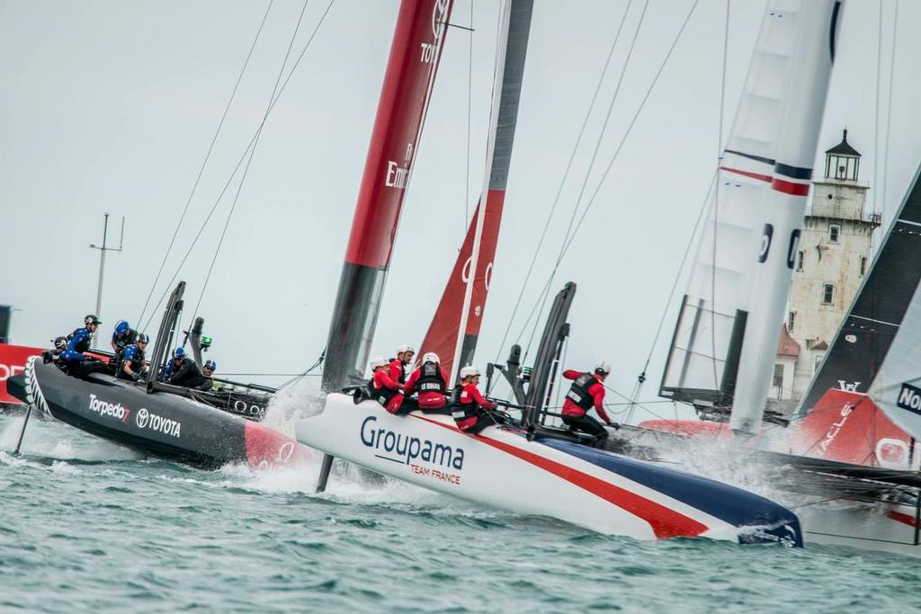 Emirates Team NZ chases Groupama Team France  - Louis Vuitton America’s Cup World Series Chicago - Day 2 © Emirates Team New Zealand http://www.etnzblog.com