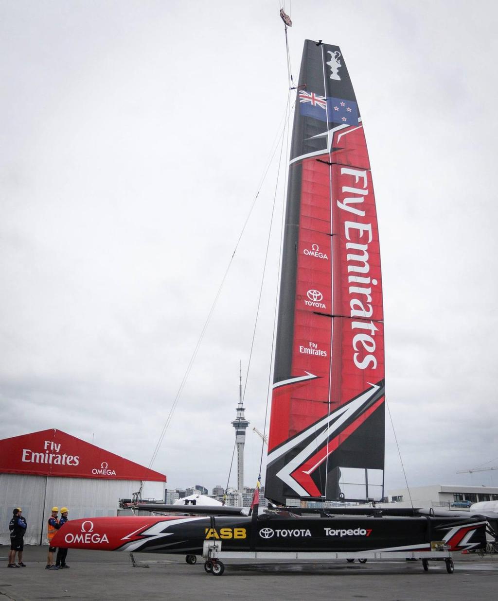 Emirates Team NZ's AC45S has the same geometry as an AC50 - distance between foils, beam, rig height and uses an AC50 wingsail and daggerboards. © Hamish Hooper/Emirates Team NZ http://www.etnzblog.com