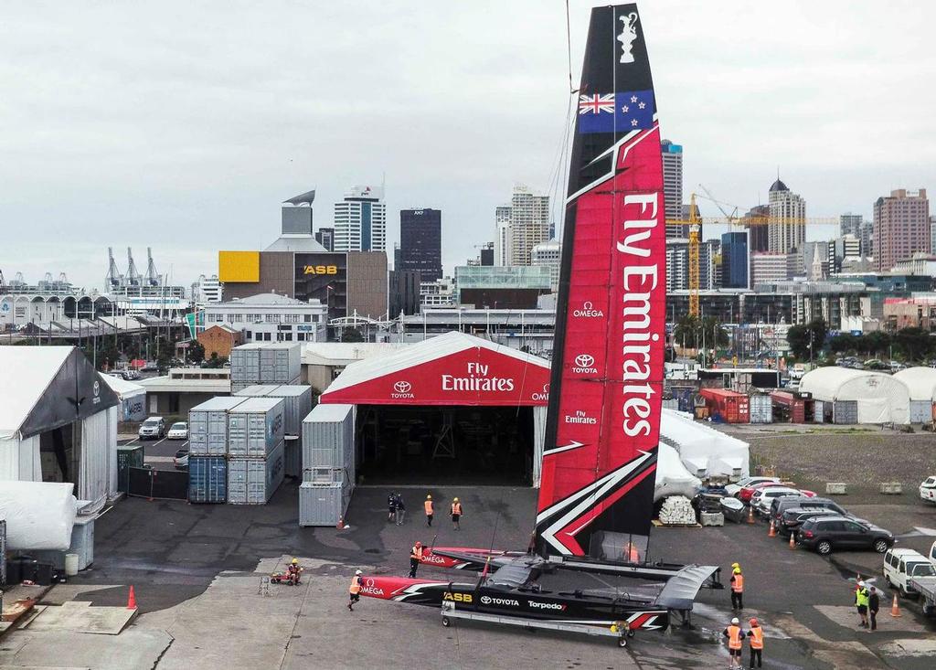 Emirates Team NZ - AC45S launch - The rudder gantry extends out from under the aft crossbeam fairing - giving 3ft of unseen length. © Hamish Hooper/Emirates Team NZ http://www.etnzblog.com