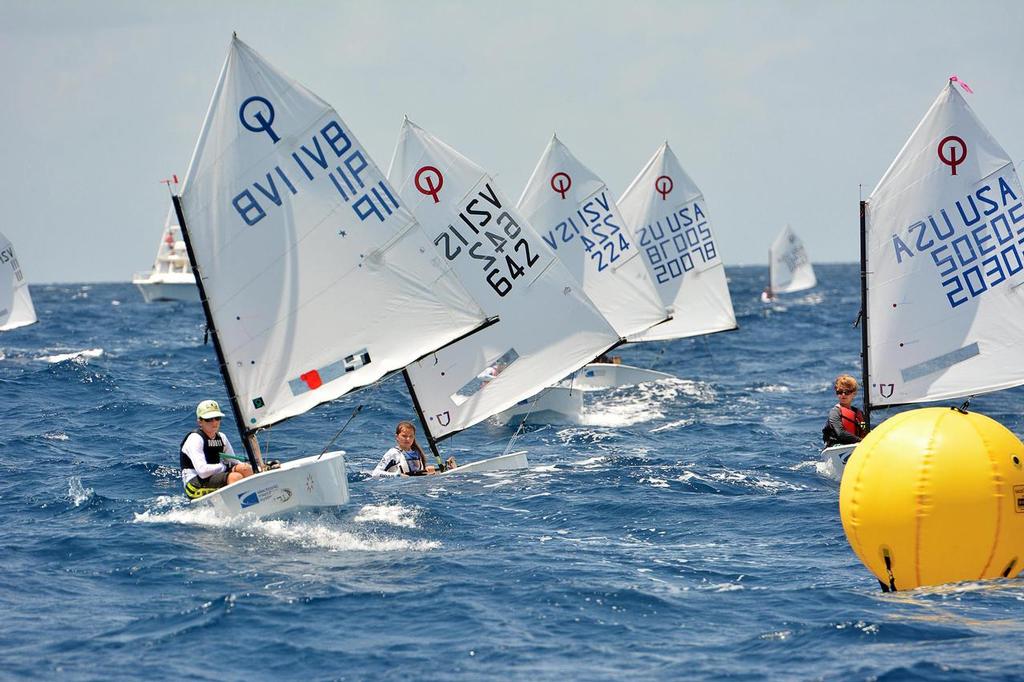 Leaders coming in to a mark rounding - L to R: the BVI’s Rayne Duff, USVI’s Mia Nicolosi, USVI’s Julian van den Driessche, USA’s Liam O'Keefe and USA’s Ryan Satterberg. Credit: Dean Barnes © Dean Barnes