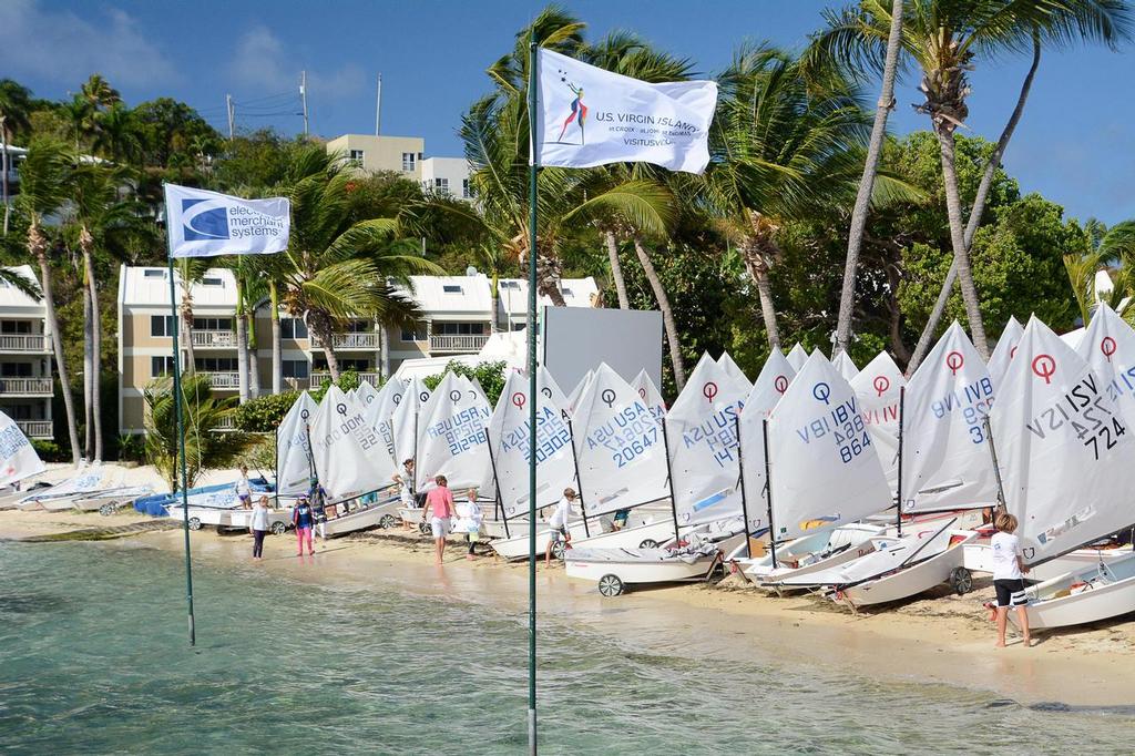 One hundred and fifteen Optimists lined up on the beach in front of St. Thomas Yacht Club, the IOR/EMS host venue. Credit: Dean Barnes © Dean Barnes
