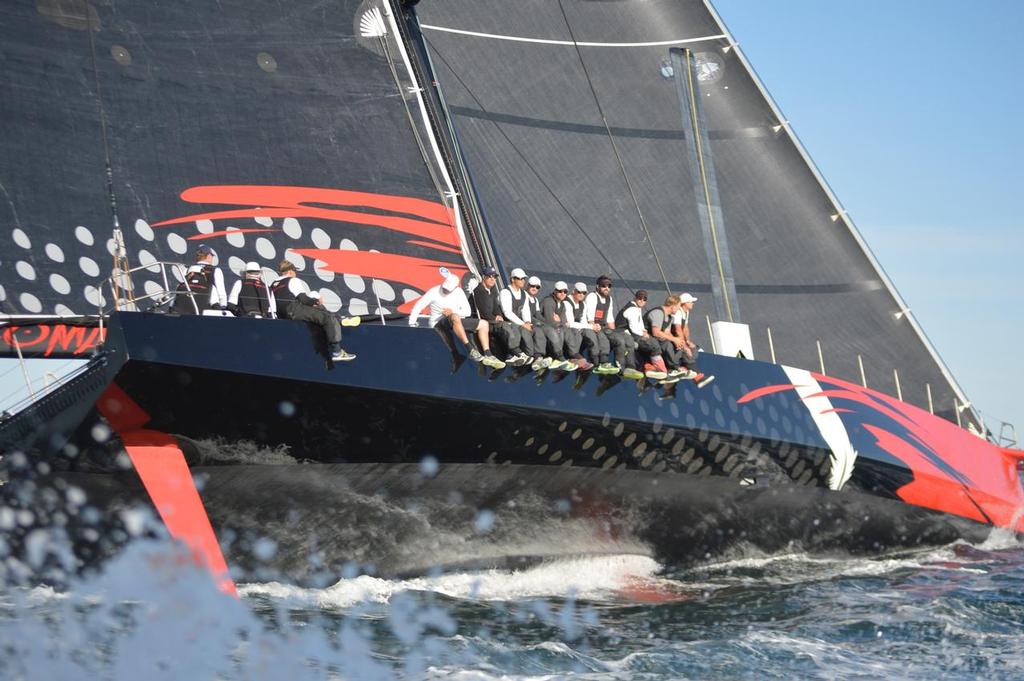 COMANCHE skippered by Ken Read, blasts away from the start at 25knots, in the hope of breaking the course record of 39 hours 39 minutes © Barry Pickthall / PPL