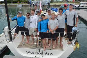Provisional St David's Lighthouse winners! The crew of the second finisher, the Xp44 WARRIOR WON, 2nd on elapsed time. From left to right: Roland Schulz, Ryan Zupon, HL Devore (Navigator), Andres de Lasa, Peter Carpenter, Chris Simon, Chris Sheehan (Skipper) Paul 'Whirly' van Dyke (Watch Capt) Jost Olan, Carter Hollida, & Doug Lynn (Watch Capt.) photo copyright Barry Pickthall / PPL taken at  and featuring the  class