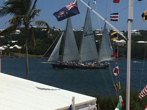 The 3-masted schooner SPIRIT OF BERMUDA sailing past the Royal Bermuda YC today after beating her rival AMERICA to Bermuda by 4 hours photo copyright Barry Pickthall / PPL taken at  and featuring the  class