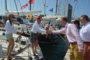 His Excellency, the Governor of Bermuda, George Fergusson meeting Peter Becker, skipper of HIGH NOON, and his daughter Carina during the Governor's tour of the RBYC dock today. photo copyright Barry Pickthall / PPL taken at  and featuring the  class