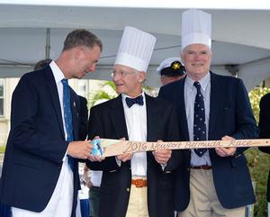 Thomas Vander Salm and John Browning from the double hander WHISPER, awarded the Galley Slave trophy for last to finish by His Excellency, The Governor of Bermuda, Geroge Fergusson. photo copyright Barry Pickthall / PPL taken at  and featuring the  class