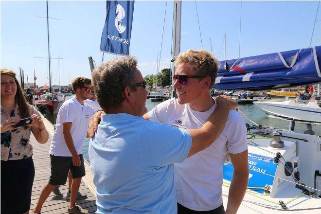 Will Harris was met in La Rochelle by his father Tom. &copy; Artemis Offshore Academy