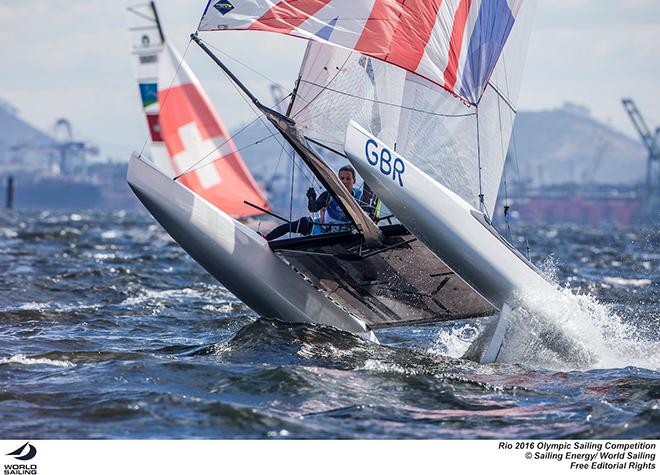 Ben Saxton / Nicola Groves pull a wheelie in the Nacra 17 class at the 2016 Rio Olympics © Sailing Energy/World Sailing