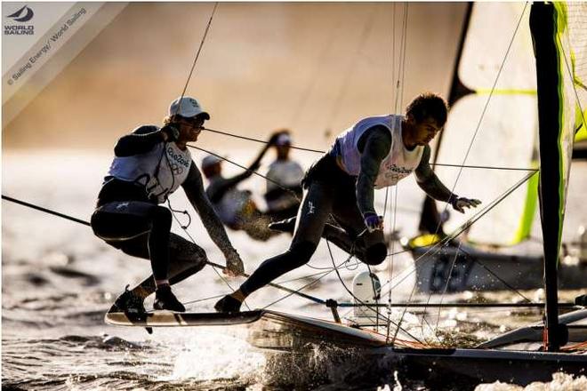 Nathan Outteridge and Iain Jensen in the 49er Men's Skiff on Day 5 at the Rio 2016 Olympic Sailing Competition © Sailing Energy / World Sailing