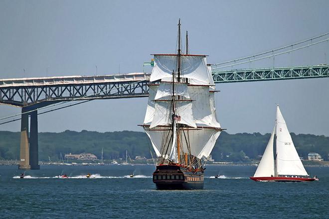 SSV Oliver Hazard Perry shows its stature next to jet skis and a 12-Metre on Narragansett Bay last week.  © George Bekris http://www.georgebekris.com