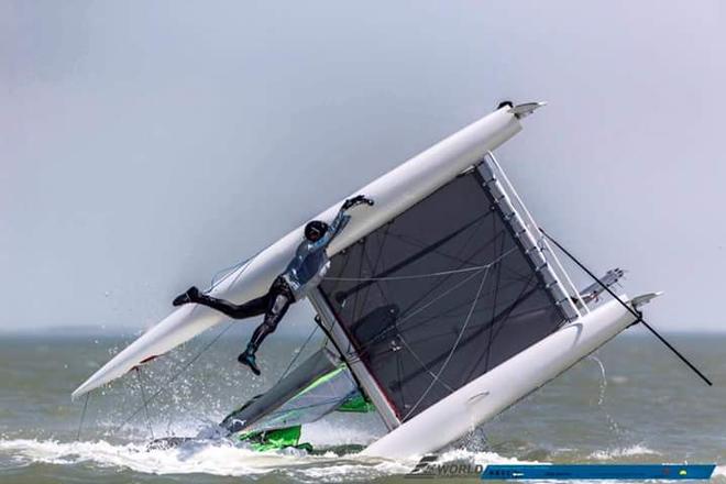 I'm hanging  - F16 Catamaran Worlds  © Jasper van Staveren