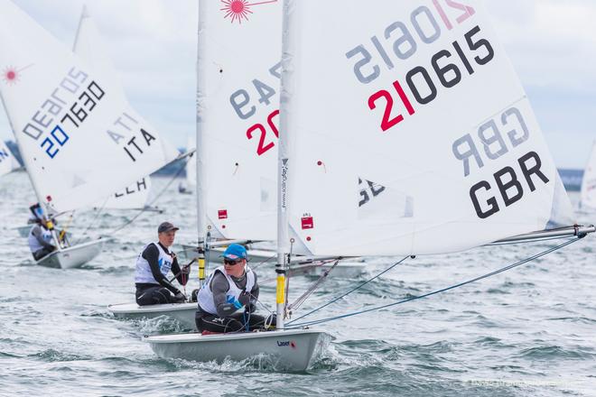 Britain's Jamie Calder competing in the opening race in the KBC Laser Radial World Championships being hosted by the Royal St. George Yacht Club and Dun Laoghaire Harbour.<br />
 © David Branigan - Oceansport.ie