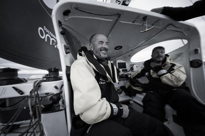 Dublin. Ireland. 20th June 2016. The Volvo Round Ireland Race. Musandam-Oman Sail set a new record for the fastest-ever sail round Ireland when the team crossed the finish line at Wicklow in 38 hours, 37 minutes and 7 seconds. Skippered by Sidney Gavignet (FRA) with team mates Damian Foxall (IRL) and Fahad Al Hasni (OMA), Jean Luc Nelias (FRA), Yasir Al Rahbi (OMA) and Sami Al Sukaili (OMA) © Lloyd Images