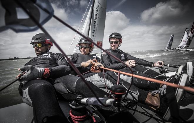 Dunkerque. France. 9th July 2016. The Tour de France a la Voile 2016 - 'DIAM 24' Oman Airports by Oman Sail skippered by Stevie Morrison (GBR) with Pierre Leboucher (FRA) and Abdulhaman Al Mashari (OMA) . Shown here in action during the stadium racing close to the shore © Lloyd Images