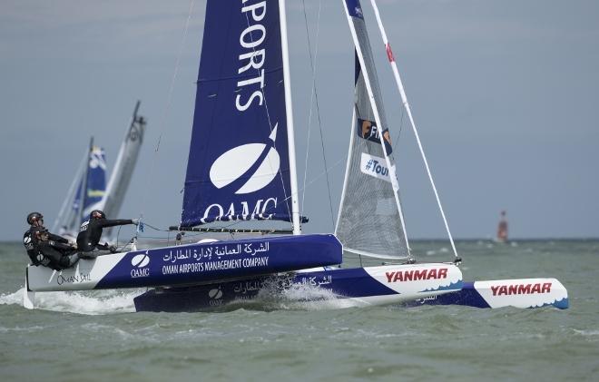 Dunkerque. France. 9th July 2016. The Tour de France a la Voile 2016 - 'DIAM 24' Oman Airports by Oman Sail skippered by Stevie Morrison (GBR) with Pierre Leboucher (FRA) and Abdulhaman Al Mashari (OMA) . Shown here in action during the stadium racing close to the shore © Lloyd Images