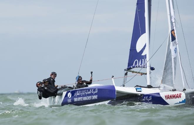 Dunkerque. France. 9th July 2016. The Tour de France a la Voile 2016 - 'DIAM 24' Oman Airports by Oman Sail skippered by Stevie Morrison (GBR) with Pierre Leboucher (FRA) and Abdulhaman Al Mashari (OMA) . Shown here in action during the stadium racing close to the shore © Lloyd Images