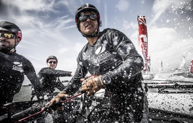 Dunkerque. France. 9th July 2016. The Tour de France a la Voile - 'DIAM 24' Oman Airports by Oman Sail skippered by Stevie Morrison (GBR) with Pierre Leboucher (FRA) and Abdulhaman Al Mashari (OMA) . Shown here in action during the stadium racing close to the shore © Lloyd Images