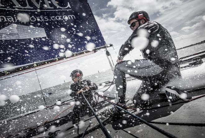 Dunkerque. France. 9th July 2016. The Tour de France a la Voile - 'DIAM 24' Oman Airports by Oman Sail skippered by Stevie Morrison (GBR) with Pierre Leboucher (FRA) and Abdulhaman Al Mashari (OMA) . Shown here in action during the stadium racing close to the shore © Lloyd Images