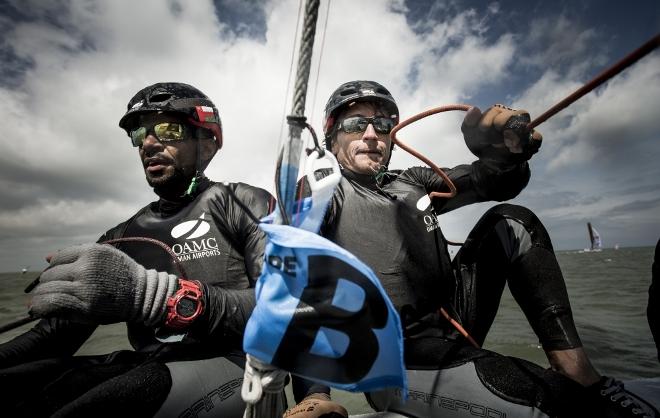 Dunkerque. France. 9th July 2016. The Tour de France a la Voile 2016 - 'DIAM 24' Oman Airports by Oman Sail skippered by Stevie Morrison (GBR) with Pierre Leboucher (FRA) and Abdulhaman Al Mashari (OMA) . Shown here in action during the stadium racing close to the shore © Lloyd Images