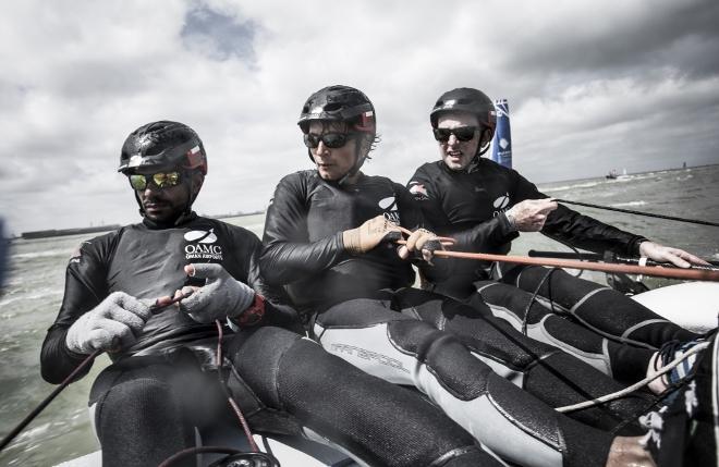 Dunkerque. France. 9th July 2016. The Tour de France a la Voile - 'DIAM 24' Oman Airports by Oman Sail skippered by Stevie Morrison (GBR) with Pierre Leboucher (FRA) and Abdulhaman Al Mashari (OMA) . Shown here in action during the stadium racing close to the shore © Lloyd Images