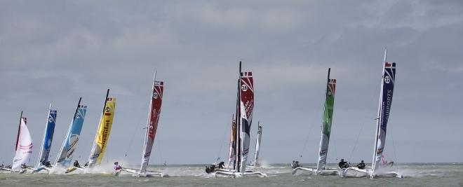 Dunkerque. France. 9th July 2016. The Tour de France a la Voile 2016 - 'DIAM 24' Oman Airports by Oman Sail skippered by Stevie Morrison (GBR) with Pierre Leboucher (FRA) and Abdulhaman Al Mashari (OMA) . Shown here in action during the stadium racing close to the shore © Lloyd Images