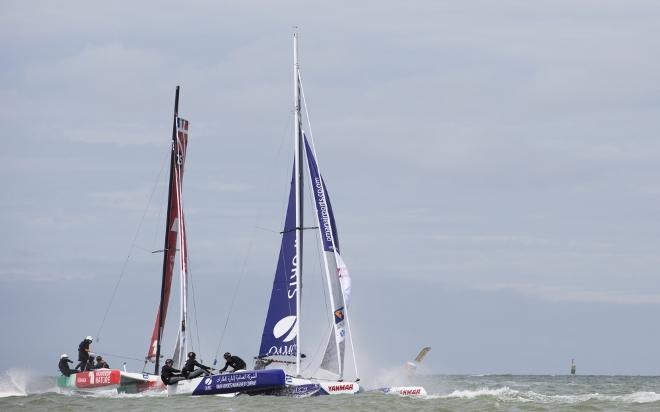 Dunkerque. France. 9th July 2016. The Tour de France a la Voile 2016 - 'DIAM 24' Oman Airports by Oman Sail skippered by Stevie Morrison (GBR) with Pierre Leboucher (FRA) and Abdulhaman Al Mashari (OMA) . Shown here in action during the stadium racing close to the shore © Lloyd Images
