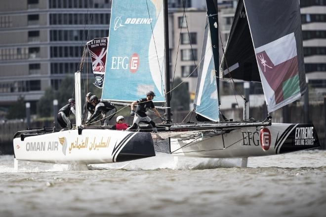 The Extreme Sailing Series. Act 4. Hamburg. Germany. 29th July 2016. Picture of Oman Sail skippered by Morgan Larson in action on day two of racing today © Lloyd Images