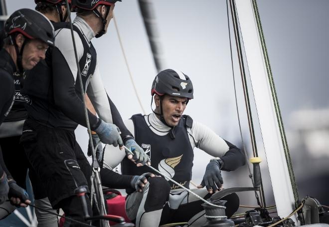 The Extreme Sailing Series. Act 4. Hamburg. Germany. 29th July 2016. Picture of Oman Sail skippered by Morgan Larson in action on day two of racing today © Lloyd Images