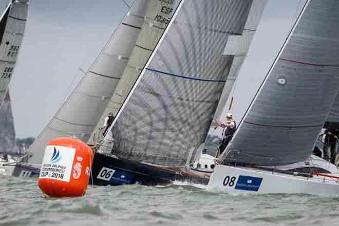 Francois Goubau's Moana (Flanders North Sea), Gilles Prietz's Goa (France Blue) battle with Andrew Hurst's Stamina (France Red) on Day One of the Brewin Dolphin Commodores' Cup ©  Paul Wyeth / RORC