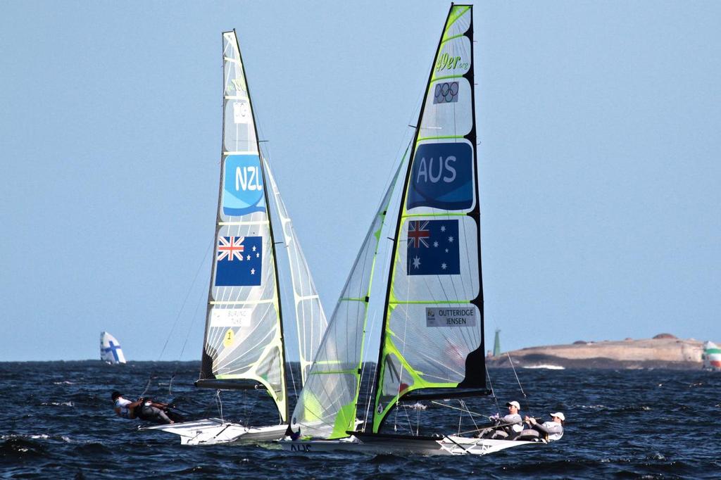 Day 6 - 49er August 13, 2016. Kiwi and Australian rivals cross tacks - Race 5 photo copyright Richard Gladwell www.photosport.co.nz taken at  and featuring the  class