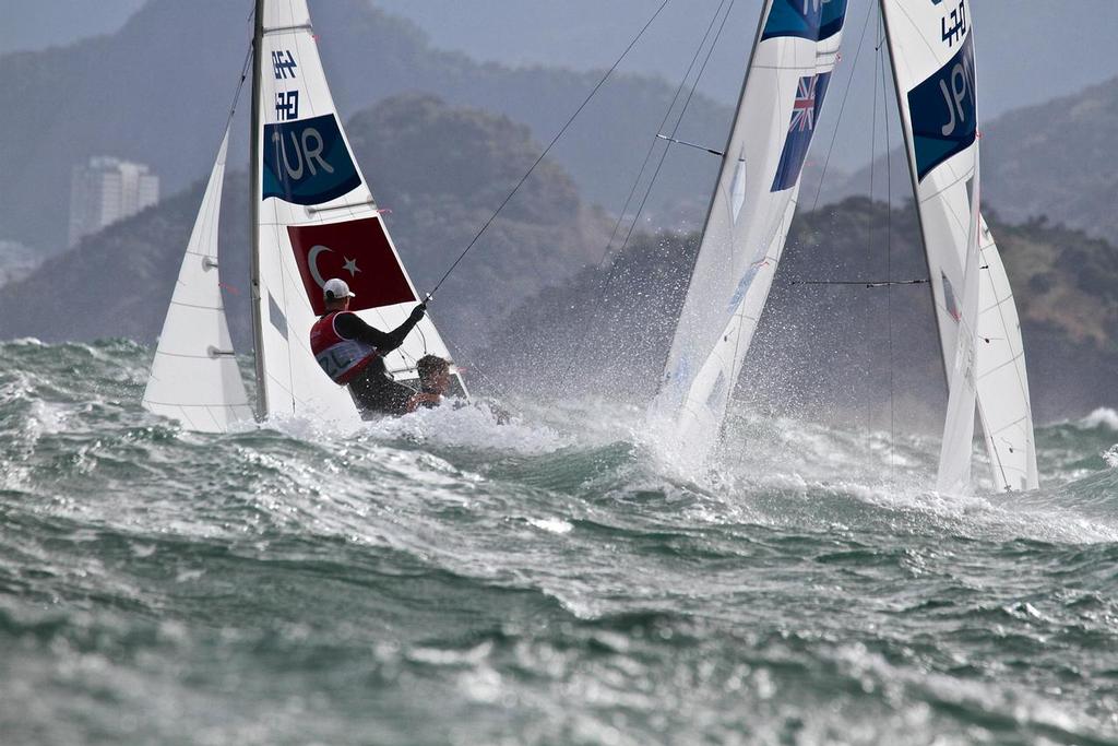 Paul Snow-Hansen and Dan Willcox sailing in 3-4 metre swells and 25kt winds on Day 4 of the 2016 Summer Olympics photo copyright Richard Gladwell www.photosport.co.nz taken at  and featuring the  class