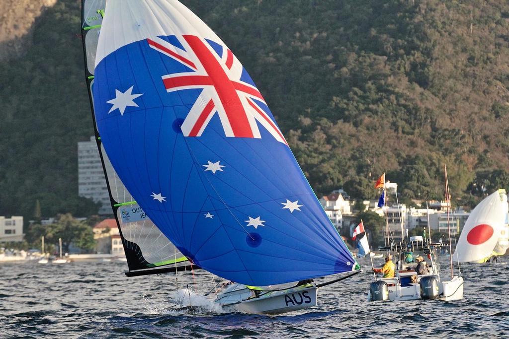 Australia - Nathan Outteridge and Iain Jensen on the final sprint of Race 2 - 49er class 2016 Olympic Regatta photo copyright Richard Gladwell www.photosport.co.nz taken at  and featuring the  class
